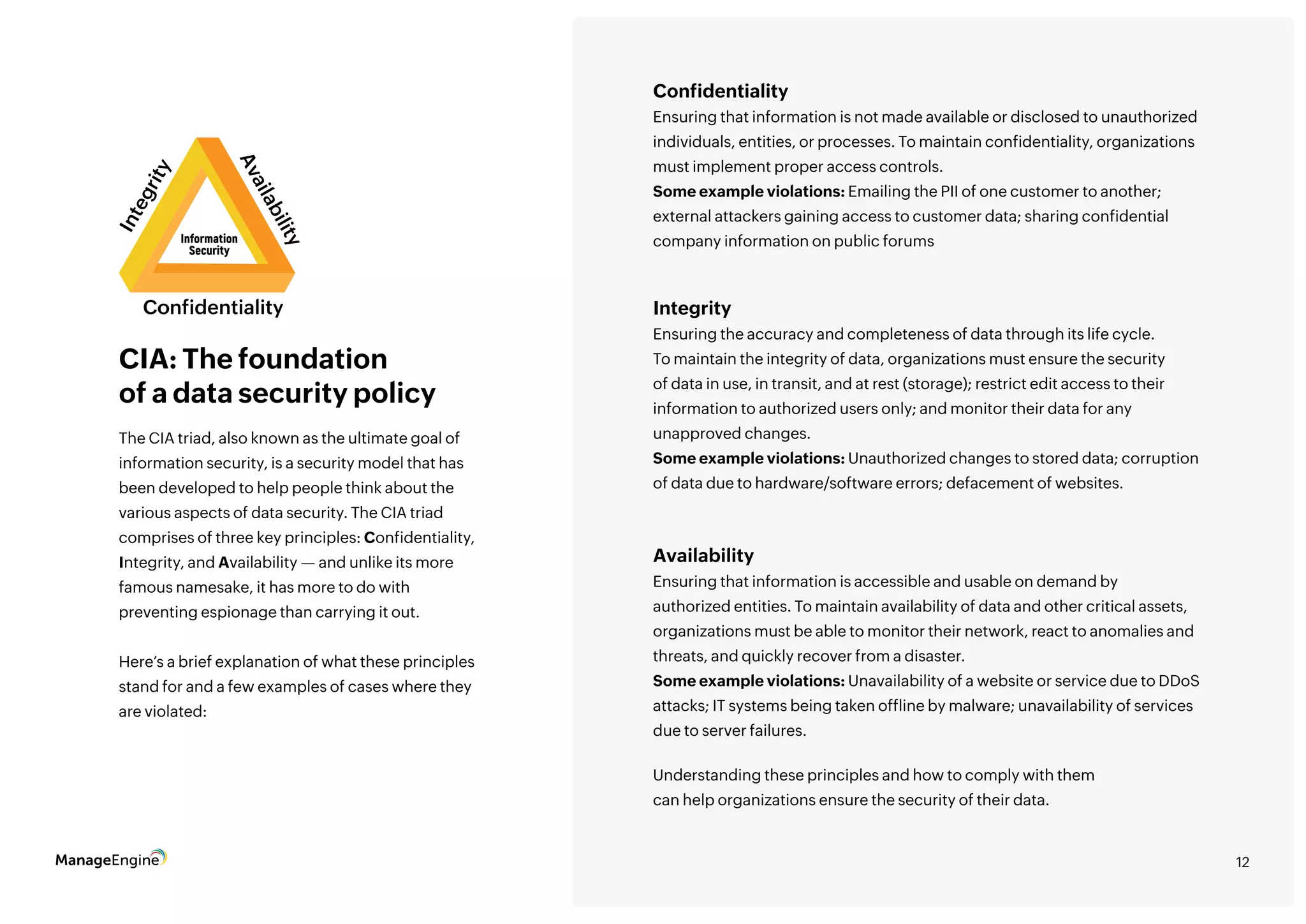 12
The CIA triad, also known as the ultimate goal of
information security, is a security model that has
been developed to help people think about the
various aspects of data security. The CIA triad
comprises of three key principles: Confidentiality,
Integrity, and Availability — and unlike its more
famous namesake, it has more to do with
preventing espionage than carrying it out.
Here’s a brief explanation of what these principles
stand for and a few examples of cases where they
are violated:
CIA: The foundation
of a data security policy
Understanding these principles and how to comply with them
can help organizations ensure the security of their data.
Confidentiality
Ensuring that information is not made available or disclosed to unauthorized
individuals, entities, or processes. To maintain confidentiality, organizations
must implement proper access controls.
Some example violations: Emailing the PII of one customer to another;
external attackers gaining access to customer data; sharing confidential
company information on public forums
Integrity
Ensuring the accuracy and completeness of data through its life cycle.
To maintain the integrity of data, organizations must ensure the security
of data in use, in transit, and at rest (storage); restrict edit access to their
information to authorized users only; and monitor their data for any
unapproved changes.
Some example violations: Unauthorized changes to stored data; corruption
of data due to hardware/software errors; defacement of websites.
Availability
Ensuring that information is accessible and usable on demand by
authorized entities. To maintain availability of data and other critical assets,
organizations must be able to monitor their network, react to anomalies and
threats, and quickly recover from a disaster.
Some example violations: Unavailability of a website or service due to DDoS
attacks; IT systems being taken offline by malware; unavailability of services
due to server failures.
Confidentiality
I
n
t
e
g
r
i
t
y
A
v
a
i
l
a
b
i
l
i
t
y
Information
Security
12
 