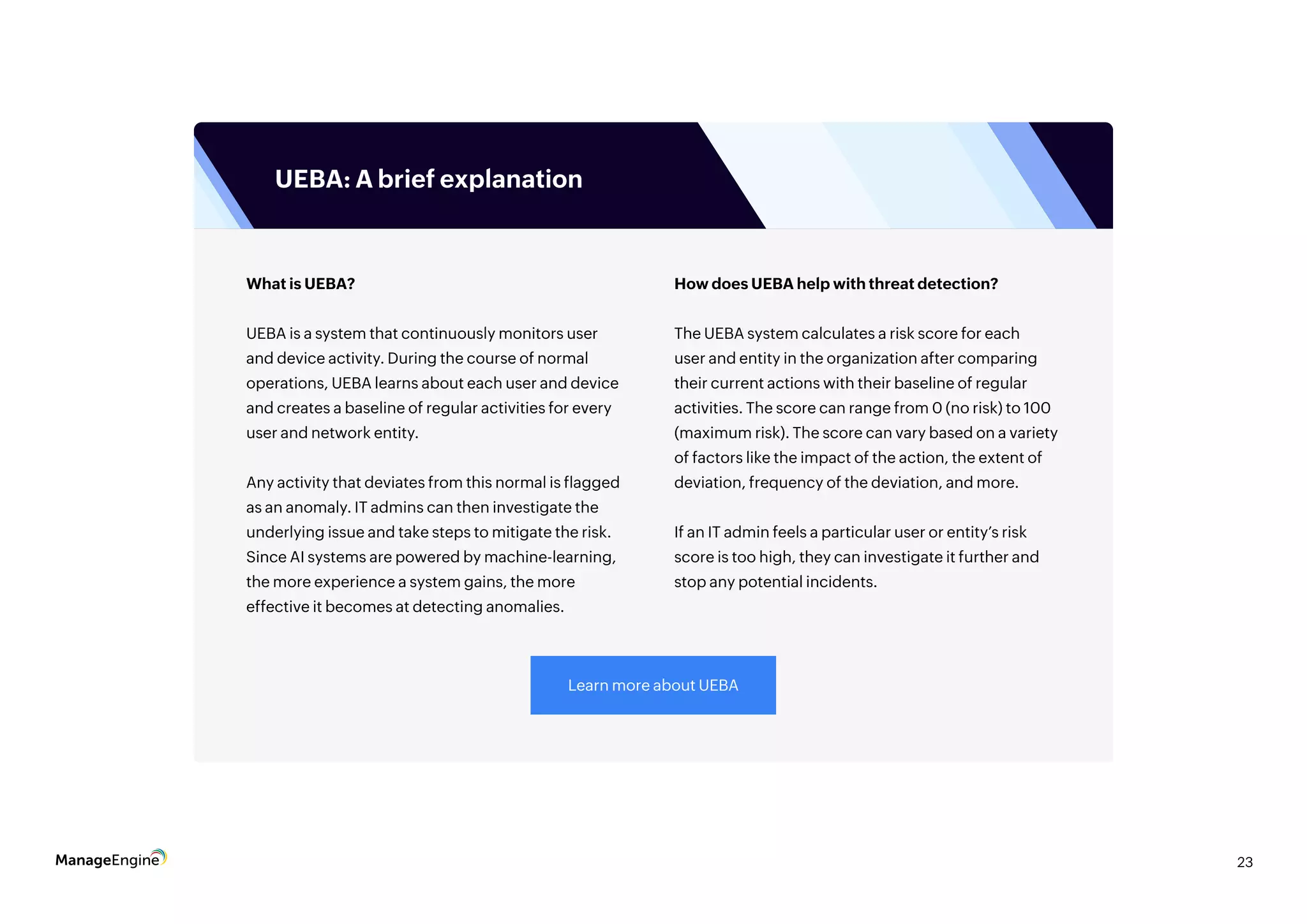 23
What is UEBA?
UEBA is a system that continuously monitors user
and device activity. During the course of normal
operations, UEBA learns about each user and device
and creates a baseline of regular activities for every
user and network entity.
Any activity that deviates from this normal is flagged
as an anomaly. IT admins can then investigate the
underlying issue and take steps to mitigate the risk.
Since AI systems are powered by machine-learning,
the more experience a system gains, the more
effective it becomes at detecting anomalies.
How does UEBA help with threat detection?
The UEBA system calculates a risk score for each
user and entity in the organization after comparing
their current actions with their baseline of regular
activities. The score can range from 0 (no risk) to 100
(maximum risk). The score can vary based on a variety
of factors like the impact of the action, the extent of
deviation, frequency of the deviation, and more.
If an IT admin feels a particular user or entity’s risk
score is too high, they can investigate it further and
stop any potential incidents.
UEBA: A brief explanation
Learn more about UEBA
 