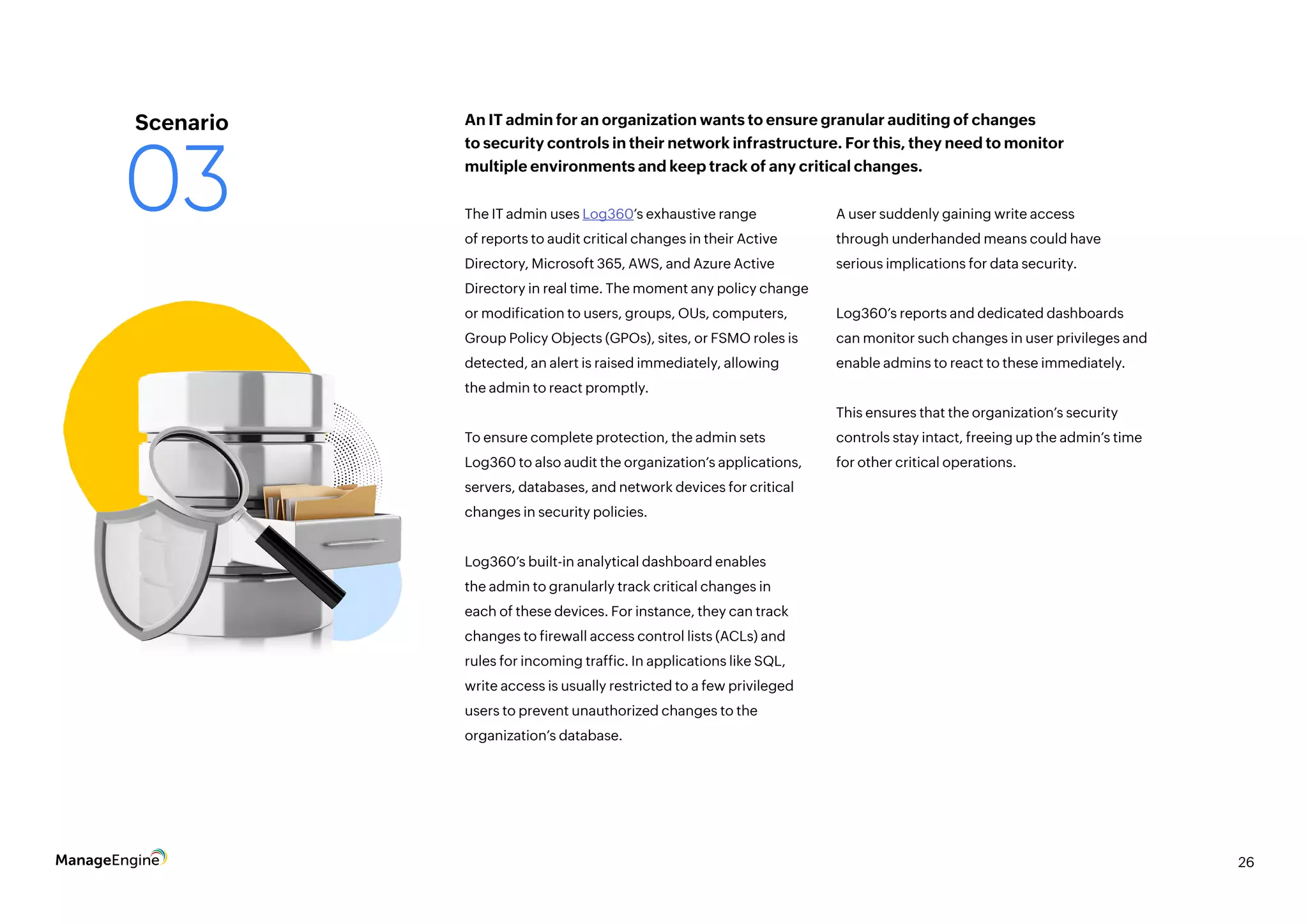 26
The IT admin uses Log360’s exhaustive range
of reports to audit critical changes in their Active
Directory, Microsoft 365, AWS, and Azure Active
Directory in real time. The moment any policy change
or modification to users, groups, OUs, computers,
Group Policy Objects (GPOs), sites, or FSMO roles is
detected, an alert is raised immediately, allowing
the admin to react promptly.
To ensure complete protection, the admin sets
Log360 to also audit the organization’s applications,
servers, databases, and network devices for critical
changes in security policies.
Log360’s built-in analytical dashboard enables
the admin to granularly track critical changes in
each of these devices. For instance, they can track
changes to firewall access control lists (ACLs) and
rules for incoming traffic. In applications like SQL,
write access is usually restricted to a few privileged
users to prevent unauthorized changes to the
organization’s database.
A user suddenly gaining write access
through underhanded means could have
serious implications for data security.
Log360’s reports and dedicated dashboards
can monitor such changes in user privileges and
enable admins to react to these immediately.
This ensures that the organization’s security
controls stay intact, freeing up the admin’s time
for other critical operations.
An IT admin for an organization wants to ensure granular auditing of changes
to security controls in their network infrastructure. For this, they need to monitor
multiple environments and keep track of any critical changes.
Scenario
03
 