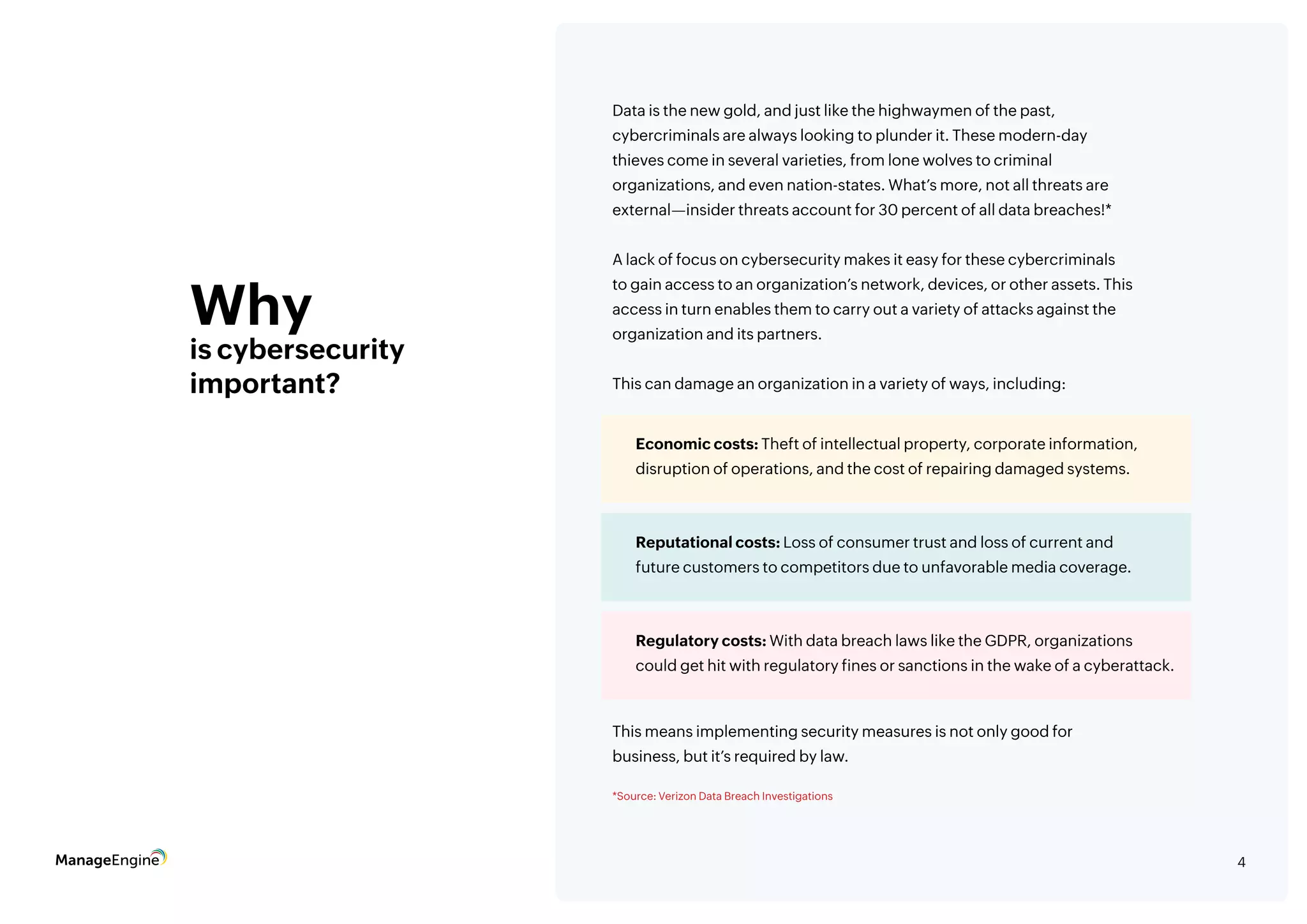 4
Why
is cybersecurity
important?
Data is the new gold, and just like the highwaymen of the past,
cybercriminals are always looking to plunder it. These modern-day
thieves come in several varieties, from lone wolves to criminal
organizations, and even nation-states. What’s more, not all threats are
external—insider threats account for 30 percent of all data breaches!*
A lack of focus on cybersecurity makes it easy for these cybercriminals
to gain access to an organization’s network, devices, or other assets. This
access in turn enables them to carry out a variety of attacks against the
organization and its partners.
This can damage an organization in a variety of ways, including:
This means implementing security measures is not only good for
business, but it’s required by law.
Economic costs: Theft of intellectual property, corporate information,
disruption of operations, and the cost of repairing damaged systems.
Reputational costs: Loss of consumer trust and loss of current and
future customers to competitors due to unfavorable media coverage.
Regulatory costs: With data breach laws like the GDPR, organizations
could get hit with regulatory fines or sanctions in the wake of a cyberattack.
*Source: Verizon Data Breach Investigations
 