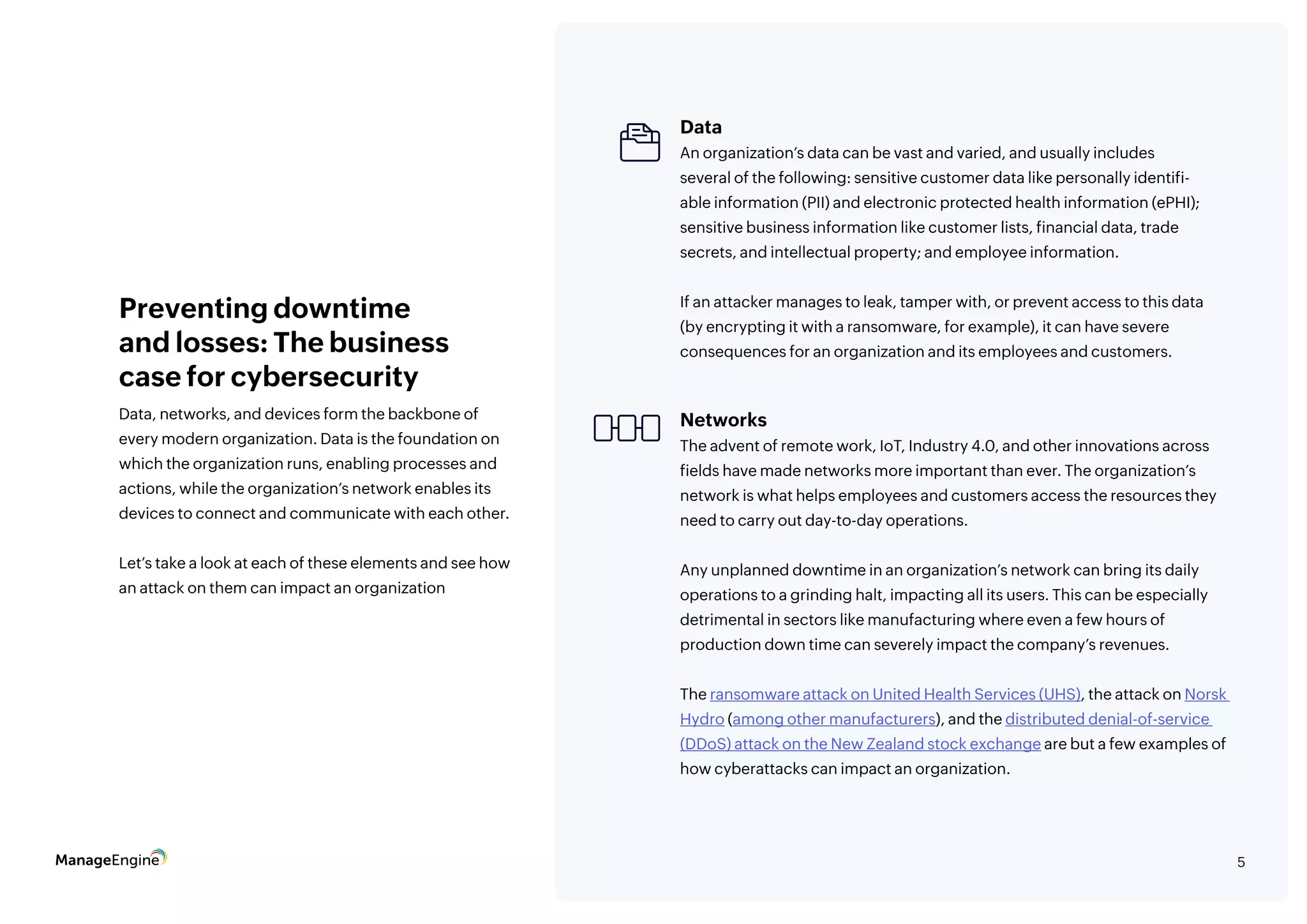 5
Data, networks, and devices form the backbone of
every modern organization. Data is the foundation on
which the organization runs, enabling processes and
actions, while the organization’s network enables its
devices to connect and communicate with each other.
Let’s take a look at each of these elements and see how
an attack on them can impact an organization
Preventing downtime
and losses: The business
case for cybersecurity
Data
An organization’s data can be vast and varied, and usually includes
several of the following: sensitive customer data like personally identifi-
able information (PII) and electronic protected health information (ePHI);
sensitive business information like customer lists, financial data, trade
secrets, and intellectual property; and employee information.
If an attacker manages to leak, tamper with, or prevent access to this data
(by encrypting it with a ransomware, for example), it can have severe
consequences for an organization and its employees and customers.
Networks
The advent of remote work, IoT, Industry 4.0, and other innovations across
fields have made networks more important than ever. The organization’s
network is what helps employees and customers access the resources they
need to carry out day-to-day operations.
Any unplanned downtime in an organization’s network can bring its daily
operations to a grinding halt, impacting all its users. This can be especially
detrimental in sectors like manufacturing where even a few hours of
production down time can severely impact the company’s revenues.
The ransomware attack on United Health Services (UHS), the attack on Norsk
Hydro (among other manufacturers), and the distributed denial-of-service
(DDoS) attack on the New Zealand stock exchange are but a few examples of
how cyberattacks can impact an organization.
 