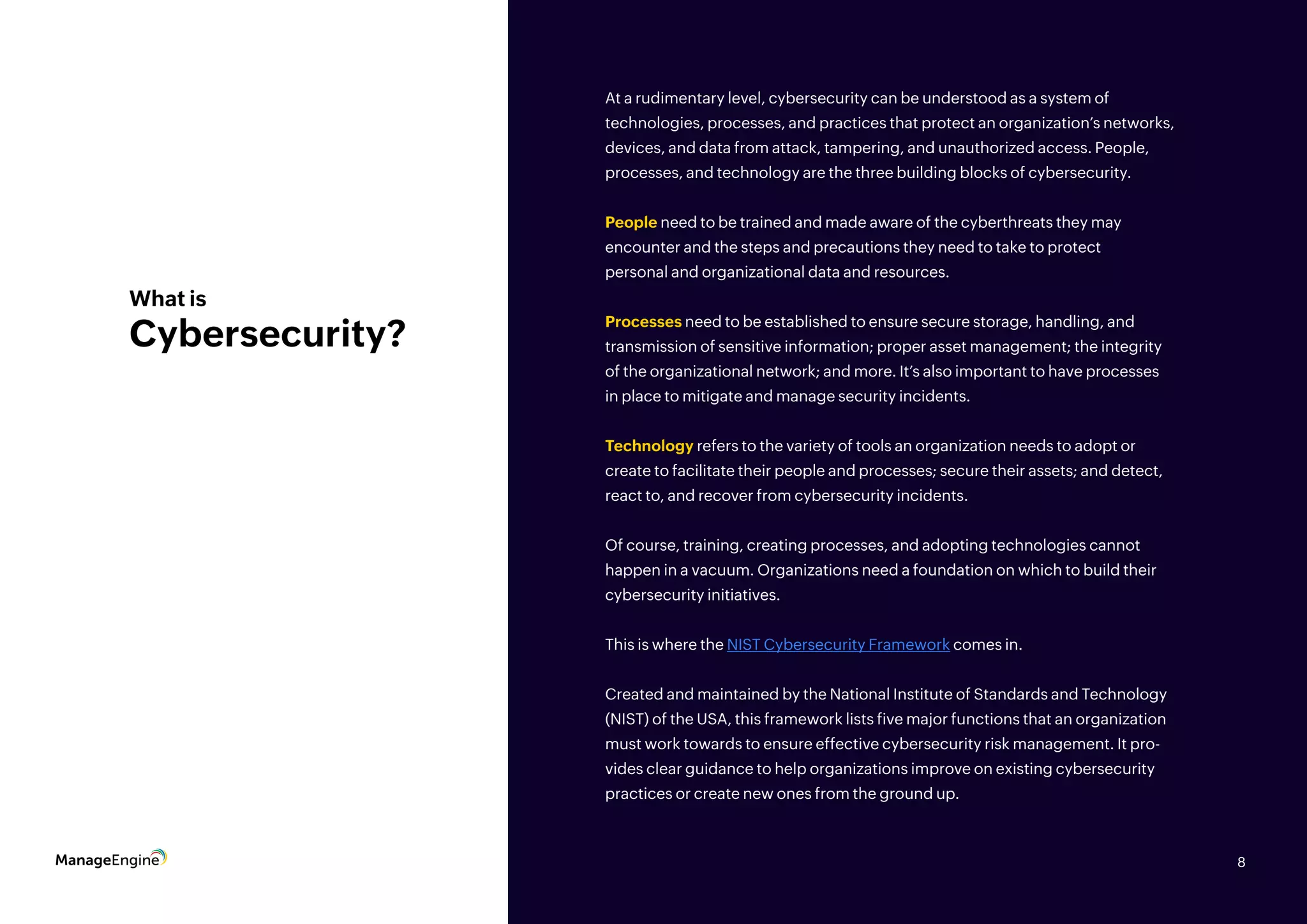 8
What is
Cybersecurity?
At a rudimentary level, cybersecurity can be understood as a system of
technologies, processes, and practices that protect an organization’s networks,
devices, and data from attack, tampering, and unauthorized access. People,
processes, and technology are the three building blocks of cybersecurity.
People need to be trained and made aware of the cyberthreats they may
encounter and the steps and precautions they need to take to protect
personal and organizational data and resources.
Processes need to be established to ensure secure storage, handling, and
transmission of sensitive information; proper asset management; the integrity
of the organizational network; and more. It’s also important to have processes
in place to mitigate and manage security incidents.
Technology refers to the variety of tools an organization needs to adopt or
create to facilitate their people and processes; secure their assets; and detect,
react to, and recover from cybersecurity incidents.
Of course, training, creating processes, and adopting technologies cannot
happen in a vacuum. Organizations need a foundation on which to build their
cybersecurity initiatives.
This is where the NIST Cybersecurity Framework comes in.
Created and maintained by the National Institute of Standards and Technology
(NIST) of the USA, this framework lists five major functions that an organization
must work towards to ensure effective cybersecurity risk management. It pro-
vides clear guidance to help organizations improve on existing cybersecurity
practices or create new ones from the ground up.
8
 