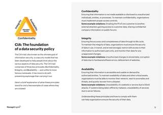 12
The CIA triad, also known as the ultimate goal of
information security, is a security model that has
been developed to help people think about the
various aspects of data security. The CIA triad
comprises of three key principles: Confidentiality,
Integrity, and Availability — and unlike its more
famous namesake, it has more to do with
preventing espionage than carrying it out.
Here’s a brief explanation of what these principles
stand for and a few examples of cases where they
are violated:
CIA: The foundation
of a data security policy
Understanding these principles and how to comply with them
can help organizations ensure the security of their data.
Confidentiality
Ensuring that information is not made available or disclosed to unauthorized
individuals, entities, or processes. To maintain confidentiality, organizations
must implement proper access controls.
Some example violations: Emailing the PII of one customer to another;
external attackers gaining access to customer data; sharing confidential
company information on public forums
Integrity
Ensuring the accuracy and completeness of data through its life cycle.
To maintain the integrity of data, organizations must ensure the security
of data in use, in transit, and at rest (storage); restrict edit access to their
information to authorized users only; and monitor their data for any
unapproved changes.
Some example violations: Unauthorized changes to stored data; corruption
of data due to hardware/software errors; defacement of websites.
Availability
Ensuring that information is accessible and usable on demand by
authorized entities. To maintain availability of data and other critical assets,
organizations must be able to monitor their network, react to anomalies and
threats, and quickly recover from a disaster.
Some example violations: Unavailability of a website or service due to DDoS
attacks; IT systems being taken offline by malware; unavailability of services
due to server failures.
Confidentiality
I
n
t
e
g
r
i
t
y
A
v
a
i
l
a
b
i
l
i
t
y
Information
Security
12
 