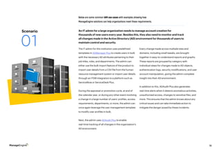 18
The IT admin for this institution uses predefined
templates in ADManager Plus to create users in bulk
with the necessary AD attributes pertaining to their
job titles, roles, and departments. The admin can
either use the bulk import feature of the product to
import user details from a CSV file from the human
resource management system or import user details
through an ITSM integration to a platform such as
ServiceNow or ServiceDesk Plus.
During the appraisal or promotion cycle, at end of
the calendar year, or during any other event involving
a change in a large number of users’ profiles, access
requirements, departments, or more, the admin can
once again leverage the user management template
to modify user profiles in bulk.
Next, the admin uses ADAudit Plus to enable
real-time tracking of all changes in the organization’s
AD environment.
Below are some common IAM use cases with examples showing how
ManageEngine solutions can help organizations meet these requirements.
Every change made across multiple sites and
domains, including small tweaks, are brought
together in easy-to-understand reports and graphs.
These reports are grouped by category with
individual views for changes made to AD objects,
authentication logs, security modifications, and user
account manipulation, giving the admin complete
insight into their AD environment.
In addition to this, ADAudit Plus also generates
real-time alerts when it detects anomalous activities,
unauthorized access, changes to sensitive files, and
more. This ensures that the admin knows about any
critical issues and can take immediate action to
mitigate the danger posed by these incidents.
An IT admin for a large organization needs to manage account creation for
thousands of new users every year. Besides this, they also need to monitor and track
all changes made in the Active Directory (AD) environment for thousands of users to
maintain control and security.
18
Scenario
01
 