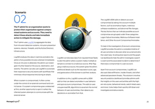 25
The Log360 UEBA add-on detects account
compromises by taking into account multiple
factors, such as anomalous logins, malicious
software installations, and abnormal file changes.
The key factors that can indicate possible account
compromise are grouped under three categories:
Logon Failure Anomalies, Malicious Software Instal-
lation, and Other Account Compromise Anomalies.
To help in the investigation of account compromise,
Log360 provides the admin a complete timeline of
all user activities to discover what occurred and who
the culprit was. Its exhaustive reports and the graph-
ical dashboards help the admin investigate a specif-
ic event and the associated incident to determine if
there was a compromise in a user account.
Apart from account compromises, Log360 can
also spot data exfiltration, insider threats, and other
advanced persistent threats. The solution’s intuitive
security analytics dashboard provides admins with
the insights on the users and entities with the high-
est risk scores, behavioral trends, watch-listed users,
and more. It also helps them quickly drill down and
investigate anomalous events.
The IT admin uses Log360 to aggregate the data
from intrusion detection systems, intrusion prevention
systems, devices, firewalls, and the Active Directory
infrastructure.
Log360 analyzes this data in real time and alerts the
admin of any possible intrusion attempt immediately.
Once an intrusion is detected, the admin can investi-
gate it further based on the source, destination, and
severity. The admin can also use Log360 to automate
their response to security events with workflows that
minimize critical response time during an attack.
When a system is compromised, it often comes
under the control of an external command-and-con-
trol server. If a system compromise goes undetected
at first, another opportunity to spot it is when the
infected system attempts to communicate with the
external server.
The IT admin for an organization wants to
protect their organization against compro-
mised systems and accounts. They need to
detect these attacks and take immediate
action to mitigate the damage.
Scenario
02
Log360 corroborates data from reputed threat feeds
to alert the admin when a system makes multiple at-
tempts to connect to a malicious source. After flag-
ging a malicious source, the system gives the admin
additional details such as the reputation score, age,
and geolocation of the domain to aid their analysis.
In addition to this, Log360 comes with a UEBA
add-on that can detect anomalies in user behavior
and spot account compromises. This add-on uses
unsupervised ML algorithms to ascertain the normal
behavior of users and entities, then detects any
deviations or anomalies from that.
 
