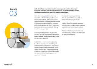 26
The IT admin uses Log360’s exhaustive range
of reports to audit critical changes in their Active
Directory, Microsoft 365, AWS, and Azure Active
Directory in real time. The moment any policy change
or modification to users, groups, OUs, computers,
Group Policy Objects (GPOs), sites, or FSMO roles is
detected, an alert is raised immediately, allowing
the admin to react promptly.
To ensure complete protection, the admin sets
Log360 to also audit the organization’s applications,
servers, databases, and network devices for critical
changes in security policies.
Log360’s built-in analytical dashboard enables
the admin to granularly track critical changes in
each of these devices. For instance, they can track
changes to firewall access control lists (ACLs) and
rules for incoming traffic. In applications like SQL,
write access is usually restricted to a few privileged
users to prevent unauthorized changes to the
organization’s database.
A user suddenly gaining write access
through underhanded means could have
serious implications for data security.
Log360’s reports and dedicated dashboards
can monitor such changes in user privileges and
enable admins to react to these immediately.
This ensures that the organization’s security
controls stay intact, freeing up the admin’s time
for other critical operations.
An IT admin for an organization wants to ensure granular auditing of changes
to security controls in their network infrastructure. For this, they need to monitor
multiple environments and keep track of any critical changes.
Scenario
03
 