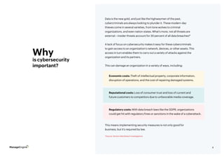 4
Why
is cybersecurity
important?
Data is the new gold, and just like the highwaymen of the past,
cybercriminals are always looking to plunder it. These modern-day
thieves come in several varieties, from lone wolves to criminal
organizations, and even nation-states. What’s more, not all threats are
external—insider threats account for 30 percent of all data breaches!*
A lack of focus on cybersecurity makes it easy for these cybercriminals
to gain access to an organization’s network, devices, or other assets. This
access in turn enables them to carry out a variety of attacks against the
organization and its partners.
This can damage an organization in a variety of ways, including:
This means implementing security measures is not only good for
business, but it’s required by law.
Economic costs: Theft of intellectual property, corporate information,
disruption of operations, and the cost of repairing damaged systems.
Reputational costs: Loss of consumer trust and loss of current and
future customers to competitors due to unfavorable media coverage.
Regulatory costs: With data breach laws like the GDPR, organizations
could get hit with regulatory fines or sanctions in the wake of a cyberattack.
*Source: Verizon Data Breach Investigations
 