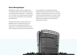 About ManageEngine
ManageEngine crafts the industry’s broadest suite of
IT management software. We have everything you need —
more than 90 products and free tools — to manage all of
your IT operations, from networks and servers to applica-
tions, service desk, Active Directory, security, desktops,
and mobile devices.
Since 2002, IT teams like yours have turned to us for
affordable, feature-rich software that’s easy to use.
You can find our on-premises and cloud solutions
powering the IT of over 180,000 companies around the
world, including nine of every ten Fortune 100 companies.
As you prepare for the IT management challenges
ahead, we’ll lead the way with new solutions, contextual
integrations, and other advances that can only come from
a company singularly dedicated to its customers. And as a
division of Zoho Corporation, we’ll continue pushing for
the tight business-IT alignment you’ll need to seize
opportunities in the future.
 