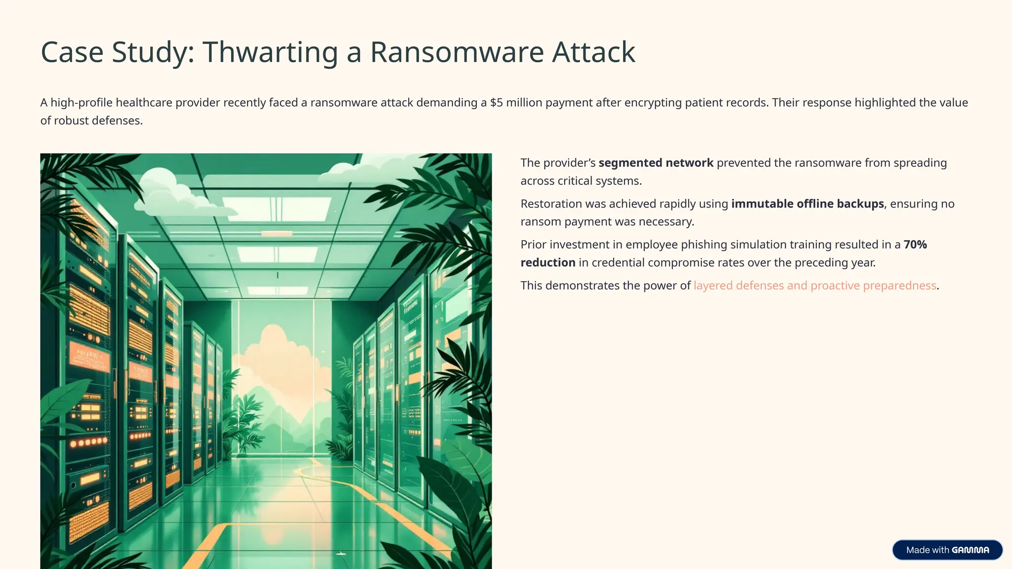 Case Study: Thwarting a Ransomware Attack
A high-profile healthcare provider recently faced a ransomware attack demanding a $5 million payment after encrypting patient records. Their response highlighted the value
of robust defenses.
The provider’s segmented network prevented the ransomware from spreading
across critical systems.
Restoration was achieved rapidly using immutable offline backups, ensuring no
ransom payment was necessary.
Prior investment in employee phishing simulation training resulted in a 70%
reduction in credential compromise rates over the preceding year.
This demonstrates the power of layered defenses and proactive preparedness.
 