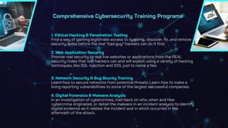 Comprehensive Cybersecurity Training Programs
1. Ethical Hacking & Penetration Testing
Find a way of gaining legitimate access to systems, discover, fix, and remove
security holes before the real "bad guy" hackers can do it first.
2. Web Application Security
Provide real security to real live websites or applications from the REAL
security holes that real hackers can and will exploit using a variety of hacking
techniques, like SQL injection and XSS, just to name a few.
3. Network Security & Bug Bounty Training
Learn how to secure networks from potential threats; Learn how to make a
living reporting vulnerabilities to some of the largest successful companies.
4. Digital Forensics & Malware Analysis
In an investigation of cybercrimes, trail-back on who, when and how
cybercrime originated, or detail the malware in an incident analysis to identify
digital evidence as it relates the incident and in which occurred in the
aftermath of the attack.
 