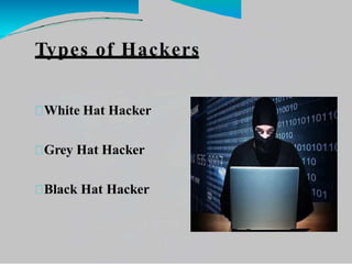Types of Hackers
White Hat Hacker
Grey Hat Hacker
Black Hat Hacker
 