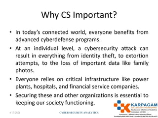 Why CS Important?
• In today’s connected world, everyone benefits from
advanced cyberdefense programs.
• At an individual level, a cybersecurity attack can
result in everything from identity theft, to extortion
attempts, to the loss of important data like family
photos.
• Everyone relies on critical infrastructure like power
plants, hospitals, and financial service companies.
• Securing these and other organizations is essential to
keeping our society functioning.
4/17/2021 CYBER SECURITYANALYTICS 3
 