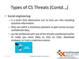 Types of CS Threats (Contd..,)
• Social engineering
– is a tactic that adversaries use to trick you into revealing
sensitive information.
– they can solicit a monetary payment or gain access to your
confidential data.
– can be combined with any of the threats mentioned earlier
to make you more likely to click on links, download
malware, or trust a malicious source.
4/17/2021 CYBER SECURITYANALYTICS 6
 