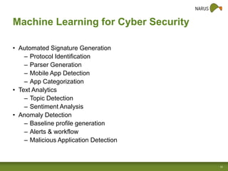 Machine Learning for Cyber Security
• Automated Signature Generation
– Protocol Identification
– Parser Generation
– Mobile App Detection
– App Categorization
• Text Analytics
– Topic Detection
– Sentiment Analysis
• Anomaly Detection
– Baseline profile generation
– Alerts & workflow
– Malicious Application Detection

10

 