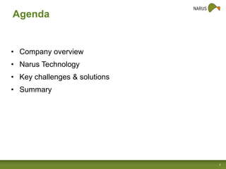 Agenda

• Company overview
• Narus Technology
• Key challenges & solutions
• Summary

Narus Confidential, © 2013 Narus, Inc.

2

 