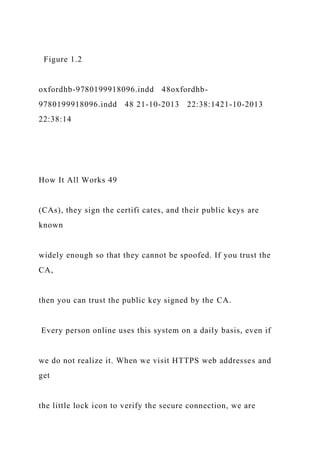 Figure 1.2
oxfordhb-9780199918096.indd 48oxfordhb-
9780199918096.indd 48 21-10-2013 22:38:1421-10-2013
22:38:14
How It All Works 49
(CAs), they sign the certifi cates, and their public keys are
known
widely enough so that they cannot be spoofed. If you trust the
CA,
then you can trust the public key signed by the CA.
Every person online uses this system on a daily basis, even if
we do not realize it. When we visit HTTPS web addresses and
get
the little lock icon to verify the secure connection, we are
 
