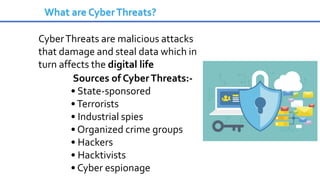What are CyberThreats?
CyberThreats are malicious attacks
that damage and steal data which in
turn affects the digital life
Sources of CyberThreats:-
• State-sponsored
•Terrorists
• Industrial spies
• Organized crime groups
• Hackers
• Hacktivists
• Cyber espionage
 