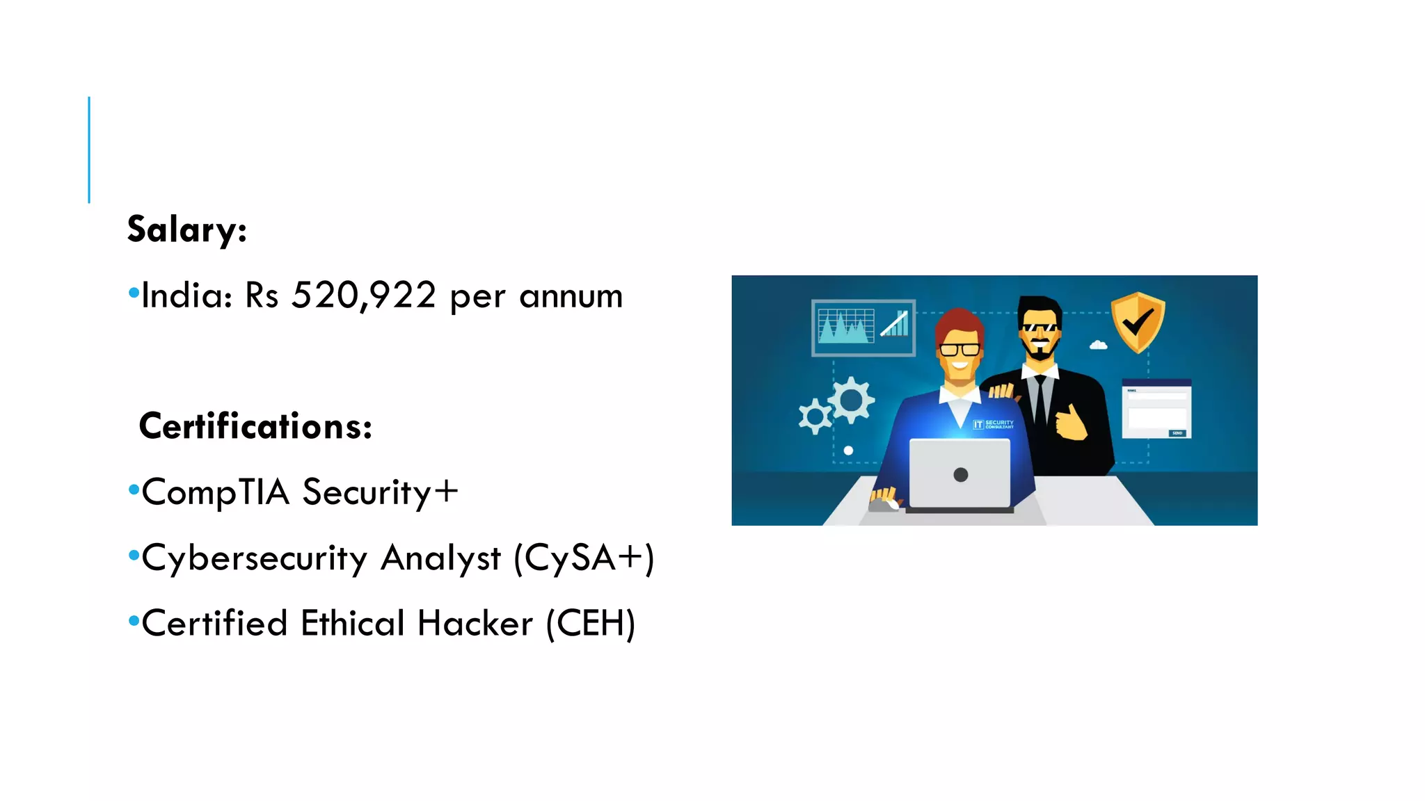 Salary:
•India: Rs 520,922 per annum
Certifications:
•CompTIA Security+
•Cybersecurity Analyst (CySA+)
•Certified Ethical Hacker (CEH)
 