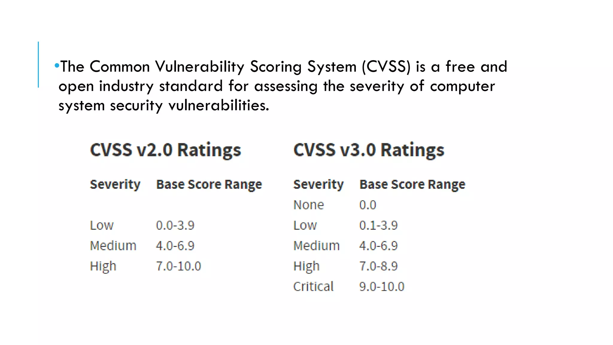 •The Common Vulnerability Scoring System (CVSS) is a free and
open industry standard for assessing the severity of computer
system security vulnerabilities.
 