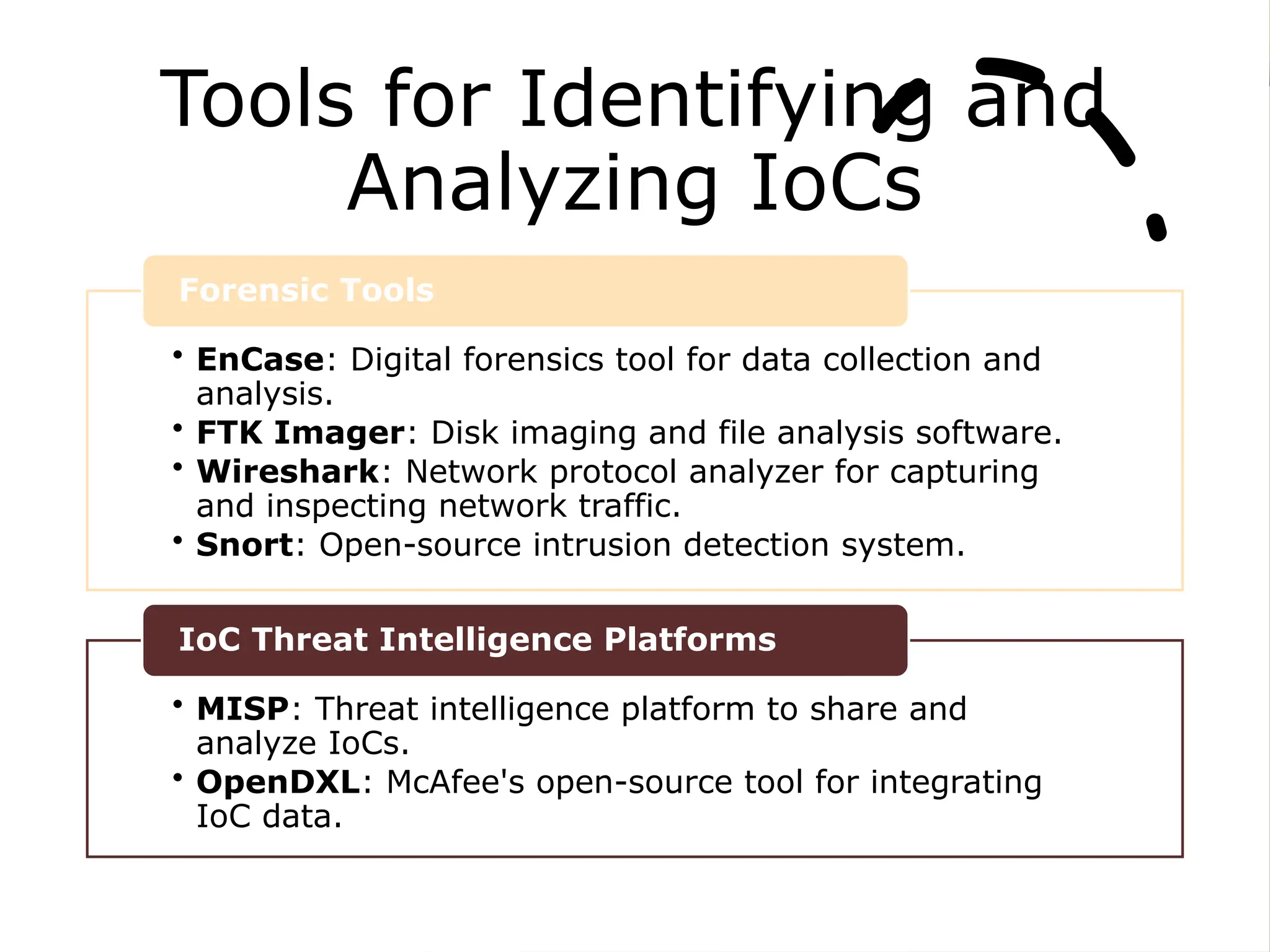 Tools for Identifying and
Analyzing IoCs
• EnCase: Digital forensics tool for data collection and
analysis.
• FTK Imager: Disk imaging and file analysis software.
• Wireshark: Network protocol analyzer for capturing
and inspecting network traffic.
• Snort: Open-source intrusion detection system.
Forensic Tools
• MISP: Threat intelligence platform to share and
analyze IoCs.
• OpenDXL: McAfee's open-source tool for integrating
IoC data.
IoC Threat Intelligence Platforms
 