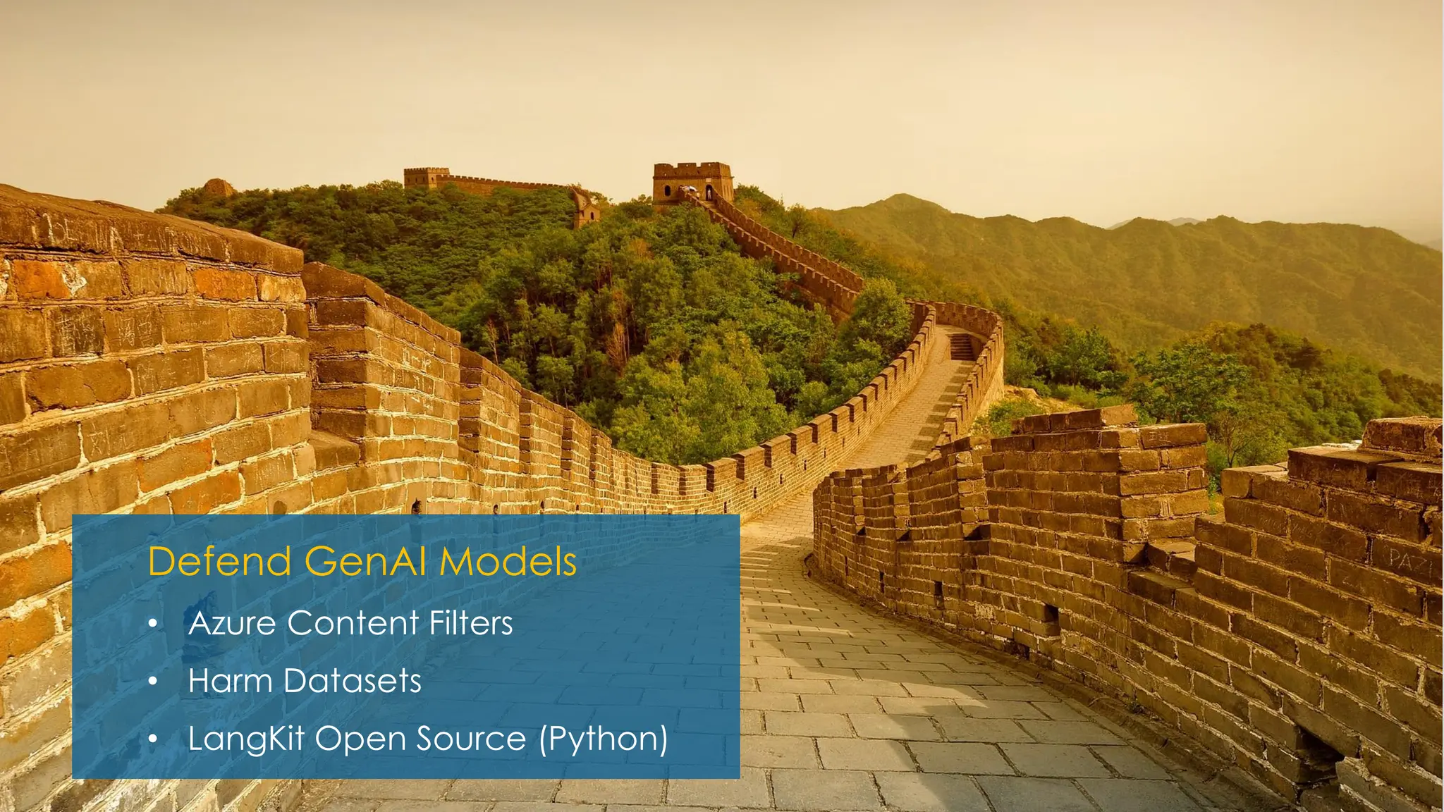 Defend GenAI Models
• Azure Content Filters
• Harm Datasets
• LangKit Open Source (Python)
 