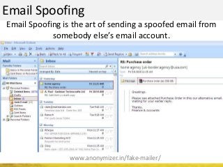 Email Spoofing
www.anonymizer.in/fake-mailer/
Email Spoofing is the art of sending a spoofed email from
somebody else’s email account.
 
