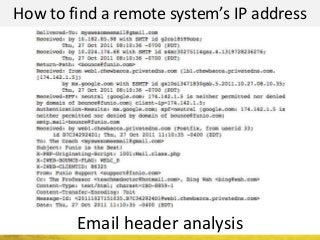 How to find a remote system’s IP address
Email header analysis
 