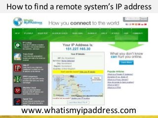 How to find a remote system’s IP address
www.whatismyipaddress.com
 