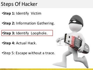 Steps Of Hacker
•Step 1: Identify Victim
•Step 2: Information Gathering.
•Step 3: Identify Loophole.
•Step 4: Actual Hack.
•Step 5: Escape without a trace.
 