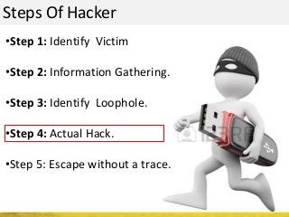 Steps Of Hacker
•Step 1: Identify Victim
•Step 2: Information Gathering.
•Step 3: Identify Loophole.
•Step 4: Actual Hack.
•Step 5: Escape without a trace.
 