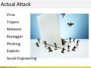 Actual Attack
• Virus
• Trojans
• Malware
• Keylogger
• Phishing
• Exploits
• Social Engineering
 