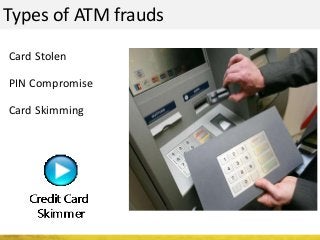 Types of ATM frauds
Card Stolen
PIN Compromise
Card Skimming
 