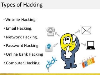 Types of Hacking
• Website Hacking.
• Email Hacking.
• Network Hacking.
• Password Hacking.
• Online Bank Hacking
• Computer Hacking.
 