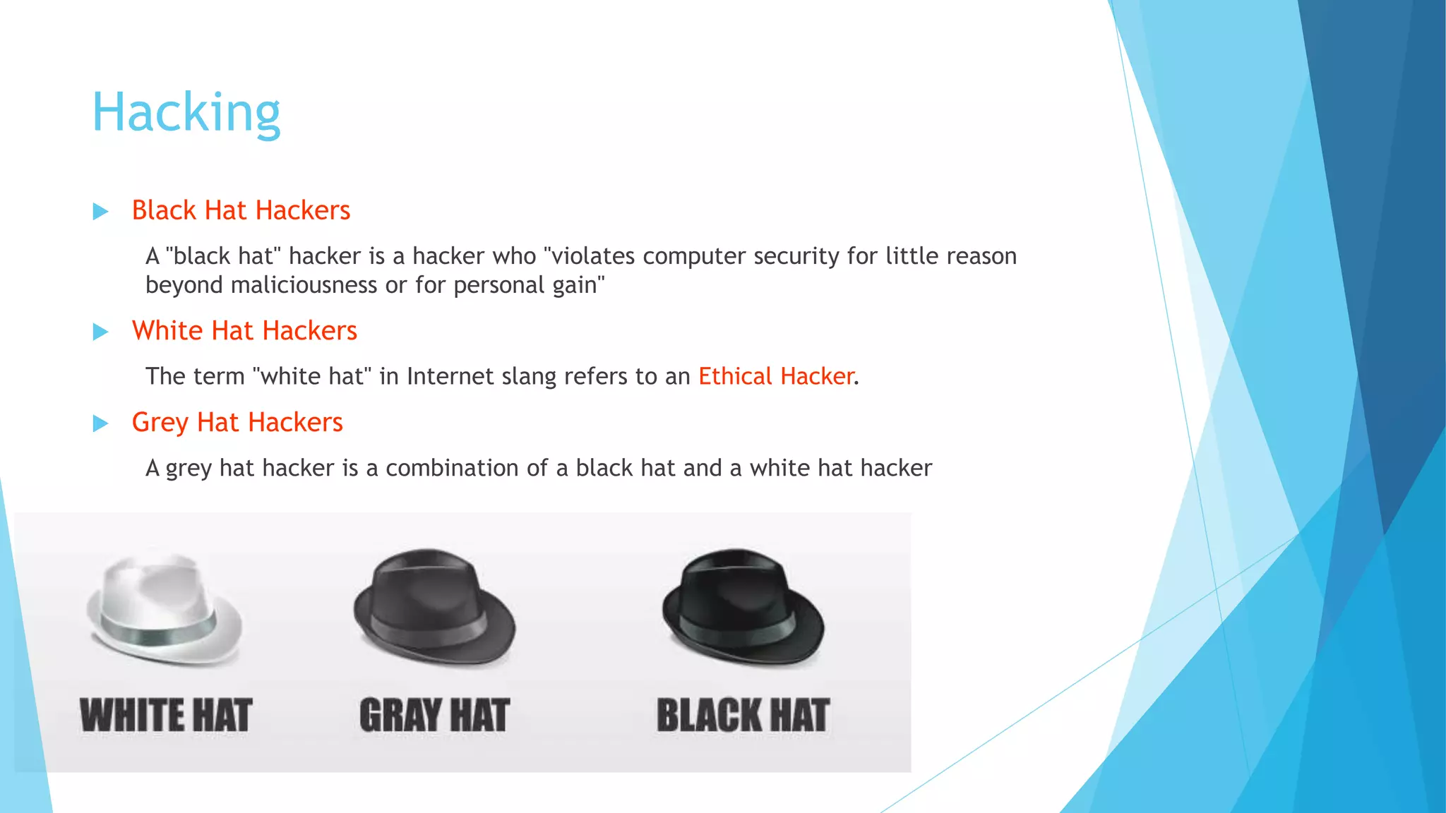Hacking
 Black Hat Hackers
A "black hat" hacker is a hacker who "violates computer security for little reason
beyond maliciousness or for personal gain"
 White Hat Hackers
The term "white hat" in Internet slang refers to an Ethical Hacker.
 Grey Hat Hackers
A grey hat hacker is a combination of a black hat and a white hat hacker
 