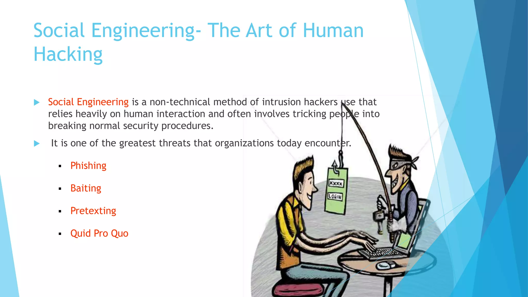 Social Engineering- The Art of Human
Hacking
 Social Engineering is a non-technical method of intrusion hackers use that
relies heavily on human interaction and often involves tricking people into
breaking normal security procedures.
 It is one of the greatest threats that organizations today encounter.
 Phishing
 Baiting
 Pretexting
 Quid Pro Quo
 
