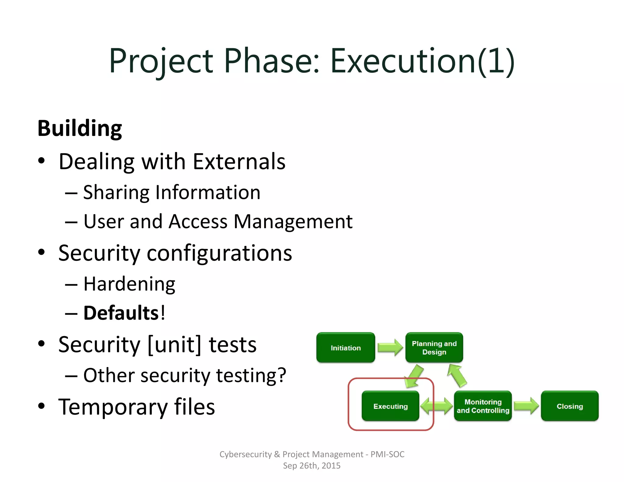Project Phase: Execution(1)
Building
• Dealing with Externals
– Sharing Information
– User and Access Management
• Security configurations
– Hardening
– Defaults!
• Security [unit] tests
– Other security testing?
• Temporary files
Cybersecurity & Project Management - PMI-SOC
Sep 26th, 2015
 