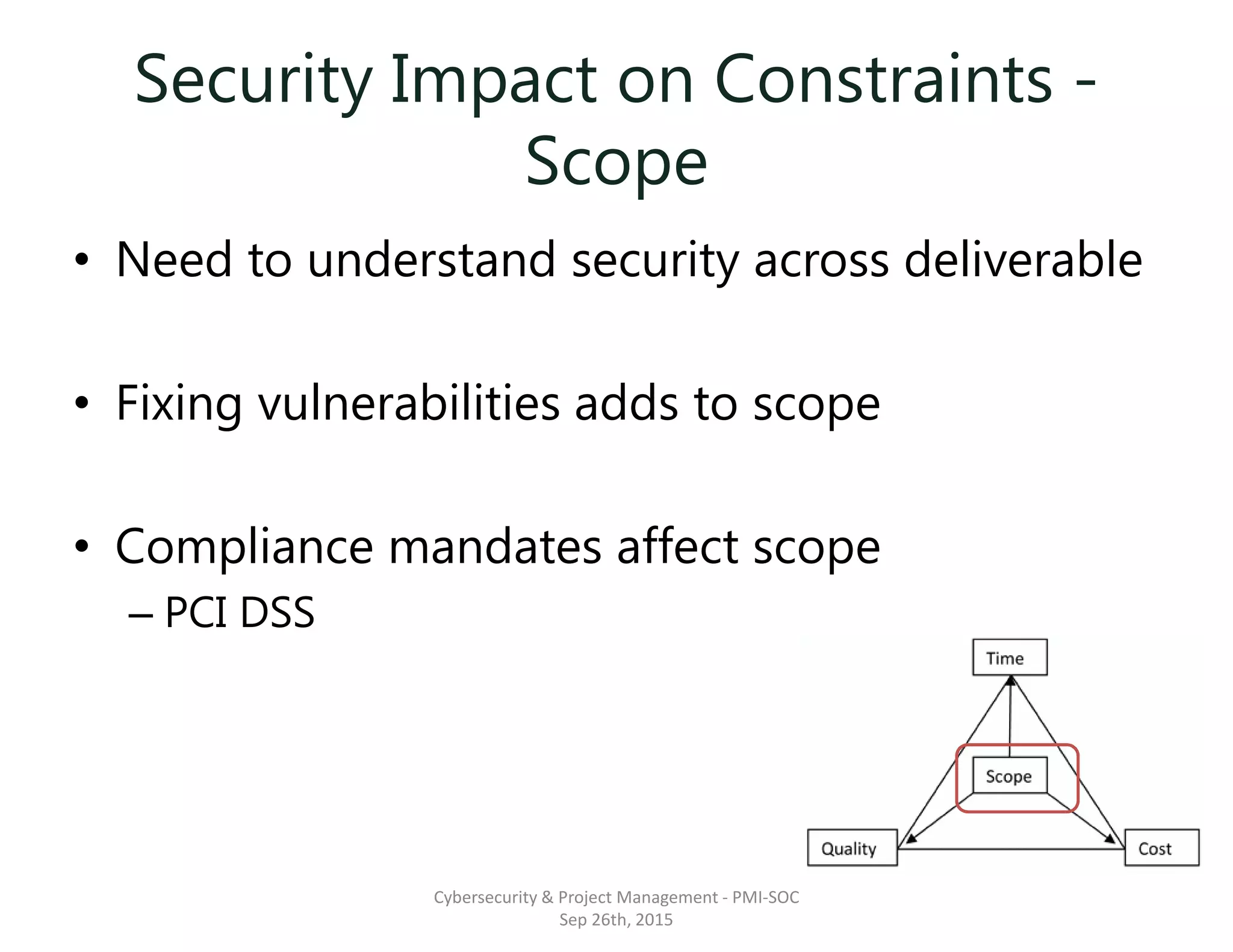 Security Impact on Constraints -
Scope
• Need to understand security across deliverable
• Fixing vulnerabilities adds to scope
• Compliance mandates affect scope
– PCI DSS
Cybersecurity & Project Management - PMI-SOC
Sep 26th, 2015
 