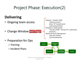 Project Phase: Execution(2)
Delivering
• Ongoing team access
• Change Window red flags!
• Preparation for Ops
– Training
– Incident Plans
Cybersecurity & Project Management - PMI-SOC
Sep 26th, 2015
Network – firewalls, VPNs
“allow ip any any”
allow “all” network ports
weak preshared keys
Windows or UNIX systems
“Everyone R/W”, “chmod 777”, admin/root
processes, …
Identity & Access Management
copy user profiles
use local passwords
 