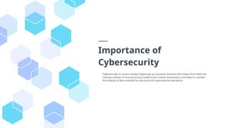 Importance of
Cybersecurity
Cybersecurity is crucial in today’s digital age as it protects sensitive information from theft and
malicious attacks. It ensures privacy, builds trust in online transactions, and helps to maintain
the integrity of data essential for personal and organizational operations.
 