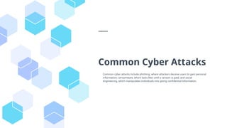Common Cyber Attacks
Common cyber attacks include phishing, where attackers deceive users to gain personal
information; ransomware, which locks files until a ransom is paid; and social
engineering, which manipulates individuals into giving confidential information.
 