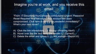 Imagine you’re at work, and you receive this
email:
"From: IT-Security@YourCompany.comSubject: Urgent: Password
Reset Required Now!Message: Your account has been
compromised. Click here to reset your password immediately!“
What’s your next move?
A) Click the link immediately. ( Wrong—Phishing Alert!)
⚠
B) Hover over the link and verify the sender. (✅ Correct!)
C) Delete the email and ignore it. ( Not enough—Report it!)
⚠
 