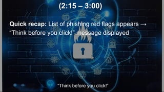 (2:15 – 3:00)
Quick recap: List of phishing red flags appears →
“Think before you click!” message displayed
“Think before you click!”
 