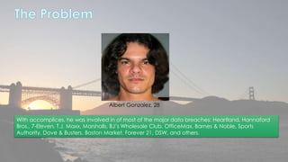 Albert Gonzalez, 28 
With accomplices, he was involved in of most of the major data breaches: Heartland, Hannaford 
Bros., 7-Eleven, T.J. Maxx, Marshalls, BJ’s Wholesale Club, OfficeMax, Barnes & Noble, Sports 
Authority, Dave & Busters, Boston Market, Forever 21, DSW, and others. 
 