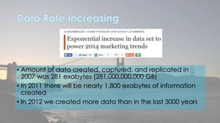 • Amount of data created, captured, and replicated in 
2007 was 281 exabytes (281,000,000,000 GB) 
• In 2011 there will be nearly 1,800 exabytes of information 
created 
• In 2012 we created more data than in the last 5000 years 
 