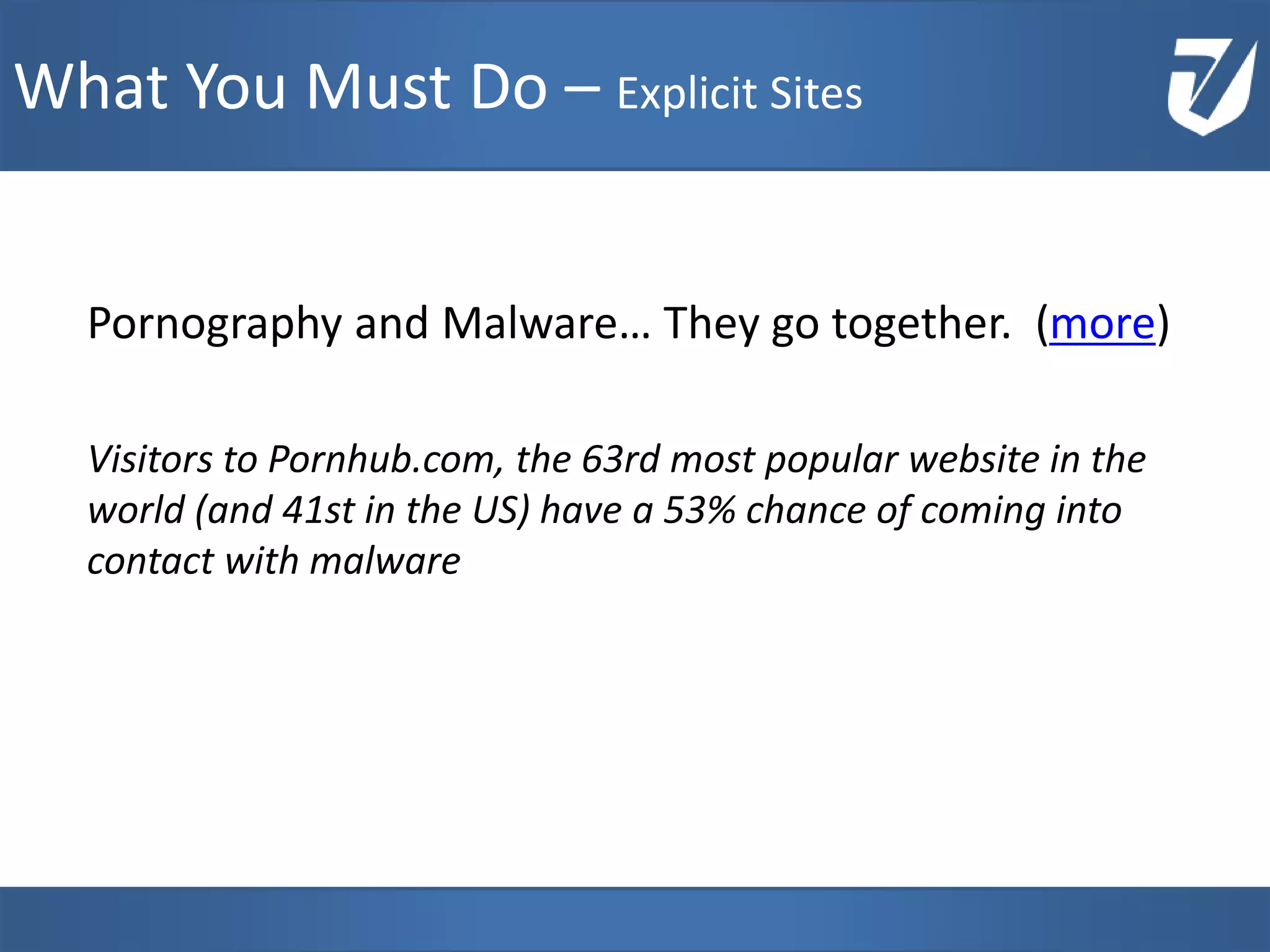 Pornography and Malware… They go together. (more)
Visitors to Pornhub.com, the 63rd most popular website in the
world (and 41st in the US) have a 53% chance of coming into
contact with malware
www.Defensative.com
What You Must Do – Explicit Sites
 