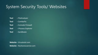 System Security Tools/ Websites
Tool - FileAnalyzer
Tool - ComboFix
Tool - Comodo Firewall
Tool - Process Explorer
Tool - Sandboxie
Website - Virustotal.com
Website - Nosharescanner.com
 
