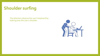 Shoulder surfing
The attackers observe the user’s keyboard by
looking over the user’s shoulder.
 