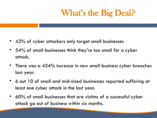 What’s the Big Deal?
• 43% of cyber attackers only target small businesses
• 54% of small businesses think they’re too small for a cyber
attack.
• There was a 424% increase in new small business cyber breaches
last year.
• 6 out 10 of small and mid-sized businesses reported suffering at
least one cyber attack in the last year.
• 60% of small businesses that are victims of a successful cyber
attack go out of business within six months.
 