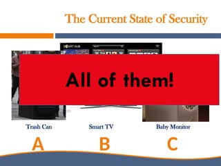 The Current State of Security
Trash Can Smart TV Baby Monitor
A B C
All of them!
 