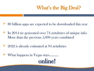 What’s the Big Deal?
 80 billion apps are expected to be downloaded this year
 In 2014 we generated over 74 zettabytes of unique info.
More than the previous 5,000 years combined
 2022 is already estimated at 94 zettabytes
 What happens in Vegas stays……….
online!
 